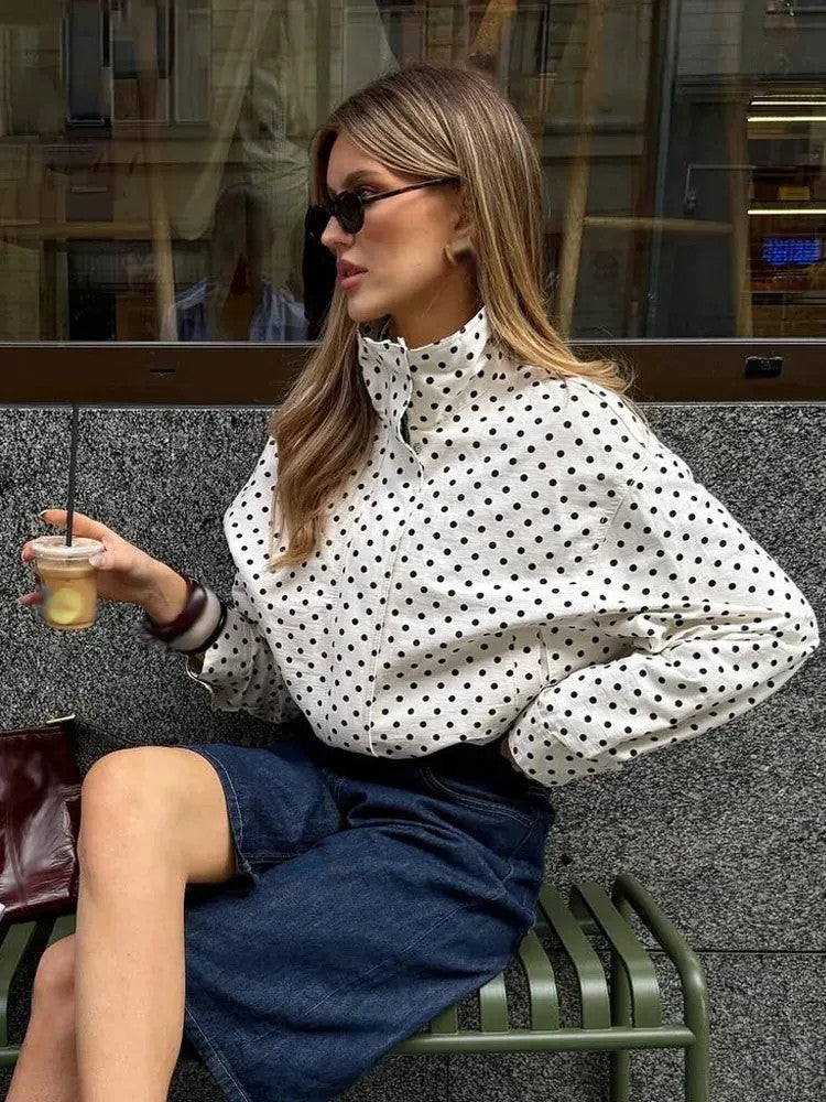 Cropped Jacket Women's White Black Polka Dot Mock Neck Long Sleeve Drawstring Hem – Casual, Office