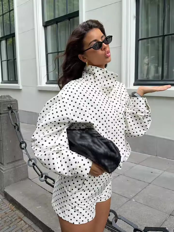 Cropped Jacket Women's White Black Polka Dot Mock Neck Long Sleeve Drawstring Hem – Casual, Office