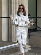 Cropped Jacket Women's White Black Polka Dot Mock Neck Long Sleeve Drawstring Hem – Casual, Office