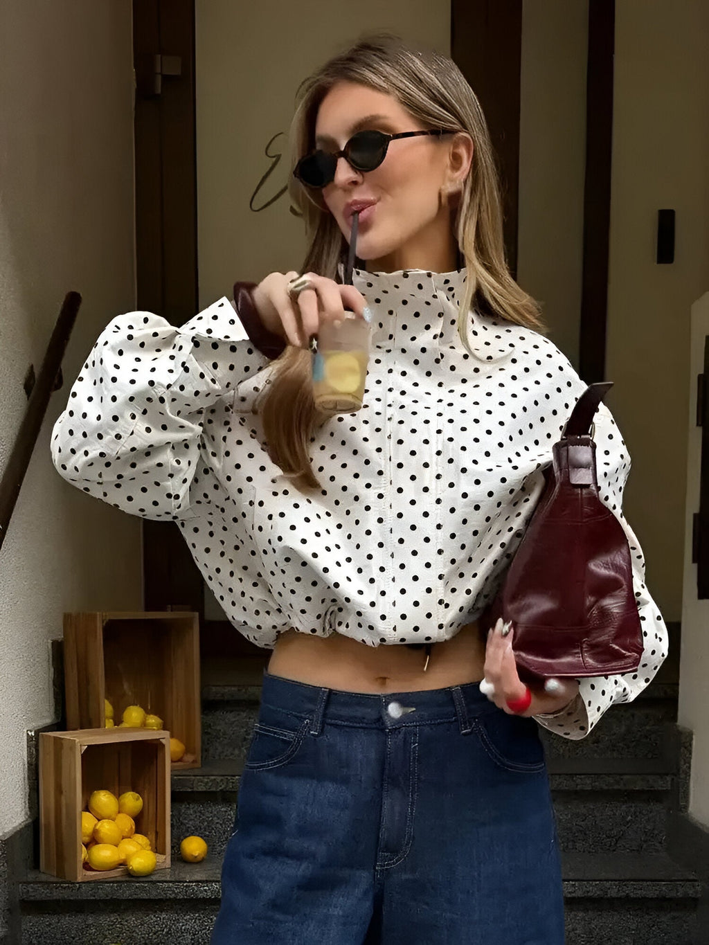 Cropped Jacket Women's White Black Polka Dot Mock Neck Long Sleeve Drawstring Hem – Casual, Office