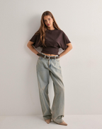 Cropped T-Shirt Black Wide Sleeve Crew Neck Ruched Front Women's – Casual, Office