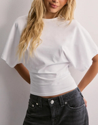 Cropped T-Shirt Black Wide Sleeve Crew Neck Ruched Front Women's – Casual, Office