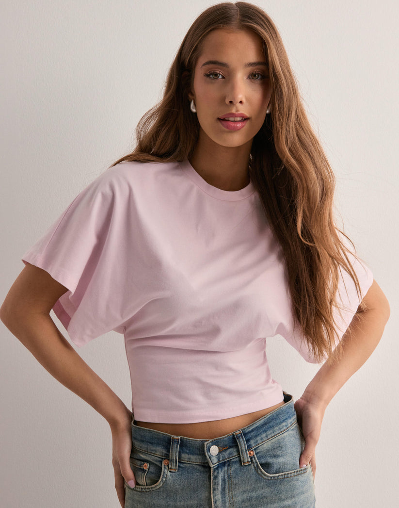 Cropped T-Shirt Black Wide Sleeve Crew Neck Ruched Front Women's – Casual, Office