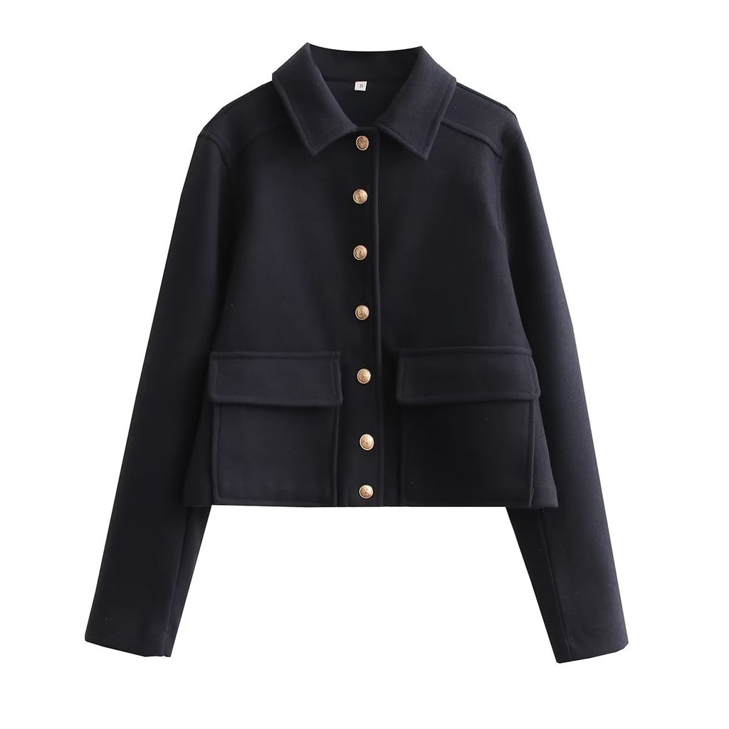 Cropped Wool-Blend Jacket Women's Collared Button-Front with Flap Pockets – Casual, Office, Gift