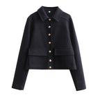 Cropped Wool-Blend Jacket Women's Collared Button-Front with Flap Pockets – Casual, Office, Gift