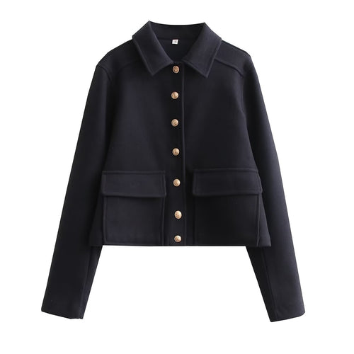 Cropped Wool-Blend Jacket Women's Collared Button-Front with Flap Pockets – Casual, Office, Gift