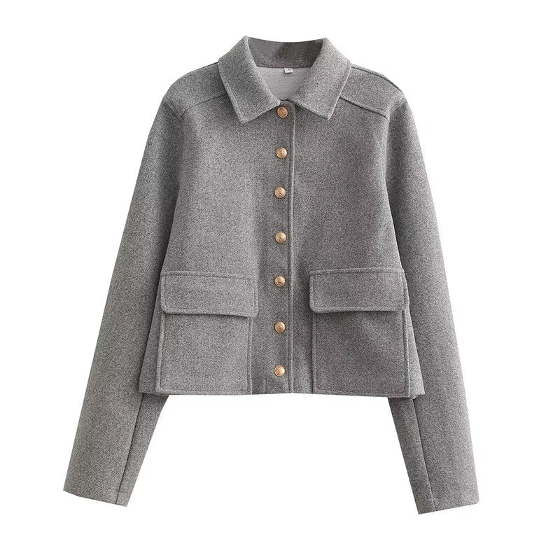 Cropped Wool-Blend Jacket Women's Collared Button-Front with Flap Pockets – Casual, Office, Gift