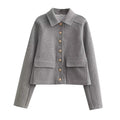 Cropped Wool-Blend Jacket Women's Collared Button-Front with Flap Pockets – Casual, Office, Gift