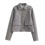 Cropped Wool-Blend Jacket Women's Collared Button-Front with Flap Pockets – Casual, Office, Gift