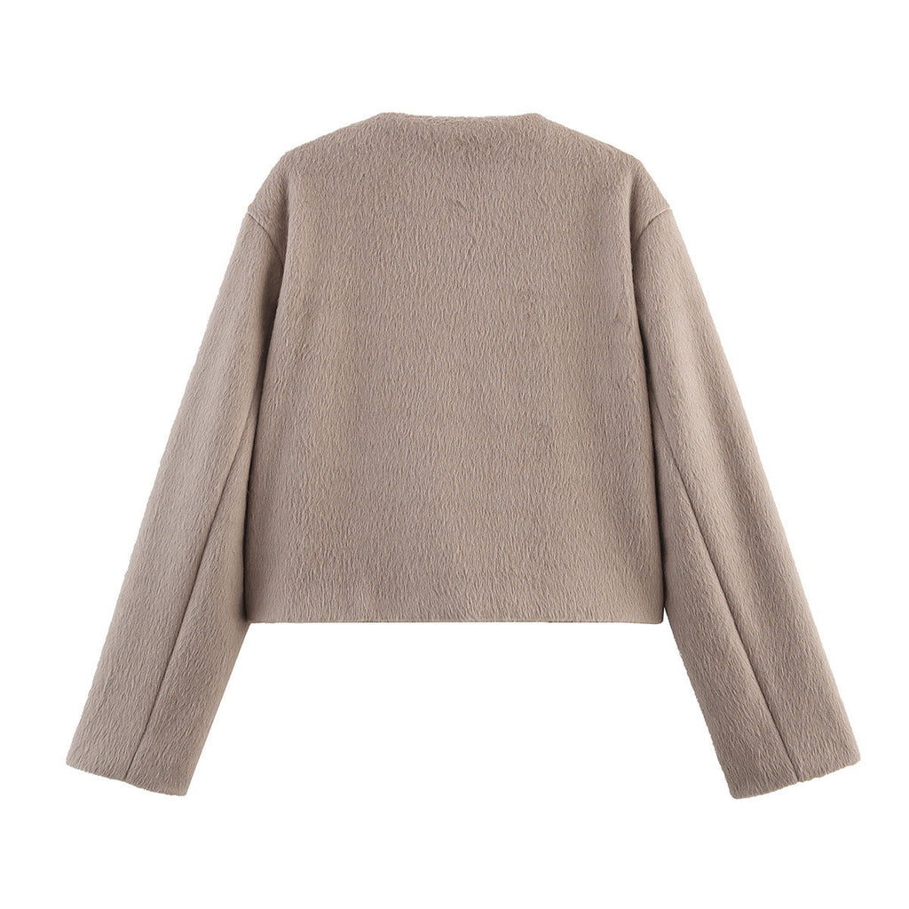 Cropped Wool-Blend Jacket Women's Collarless Button-Front with Pockets – Casual, Office, Holiday, Gift