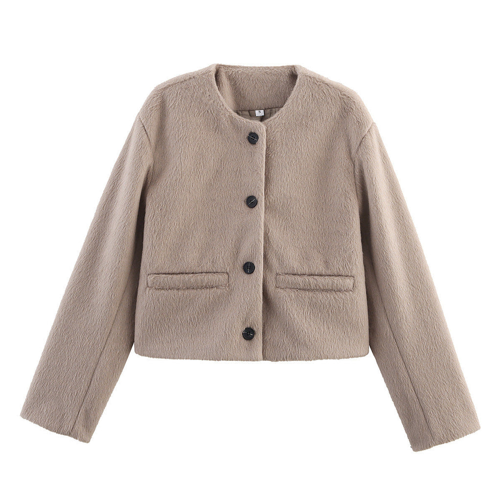 Cropped Wool-Blend Jacket Women's Collarless Button-Front with Pockets – Casual, Office, Holiday, Gift
