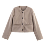 Cropped Wool-Blend Jacket Women's Collarless Button-Front with Pockets – Casual, Office, Holiday, Gift