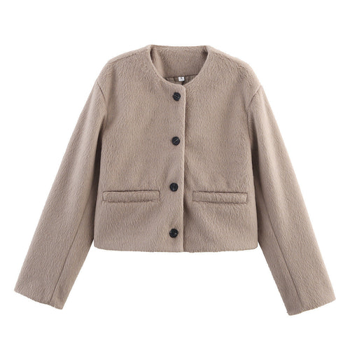 Cropped Wool-Blend Jacket Women's Collarless Button-Front with Pockets – Casual, Office, Holiday, Gift