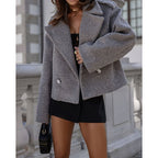 Cropped Wool Coat Women's White Double-Breasted Lapel Jacket – Office, Casual, Holiday, Gift