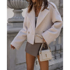 Cropped Wool Coat Women's White Double-Breasted Lapel Jacket – Office, Casual, Holiday, Gift