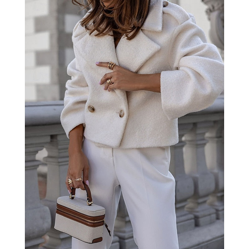 Cropped Wool Coat Women's White Double-Breasted Lapel Jacket – Office, Casual, Holiday, Gift