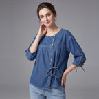 Denim Blouse Blue Button-Up Women's Loose Fit Half-Sleeve Shirt with Side Bow Ties – Casual, Office