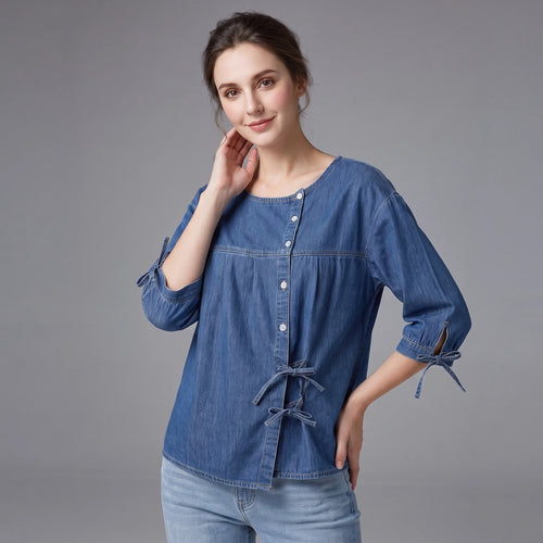 Denim Blouse Blue Button-Up Women's Loose Fit Half-Sleeve Shirt with Side Bow Ties – Casual, Office