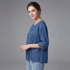 Denim Blouse Blue Button-Up Women's Loose Fit Half-Sleeve Shirt with Side Bow Ties – Casual, Office