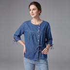 Denim Blouse Blue Button-Up Women's Loose Fit Half-Sleeve Shirt with Side Bow Ties – Casual, Office
