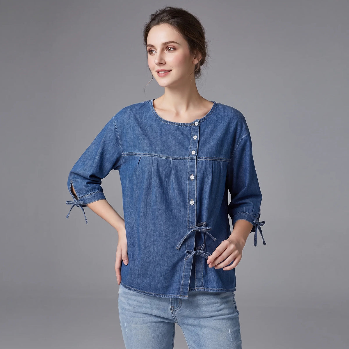 Denim Blouse Blue Button-Up Women's Loose Fit Half-Sleeve Shirt with Side Bow Ties – Casual, Office