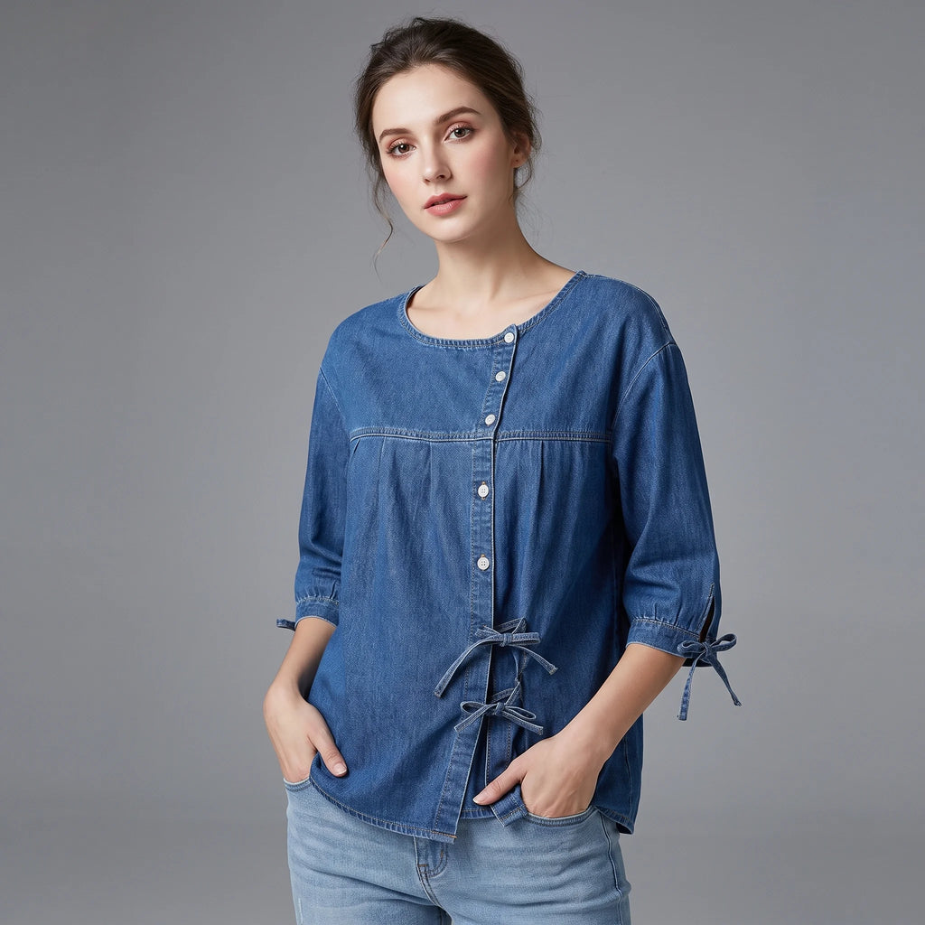 Denim Blouse Blue Button-Up Women's Loose Fit Half-Sleeve Shirt with Side Bow Ties – Casual, Office