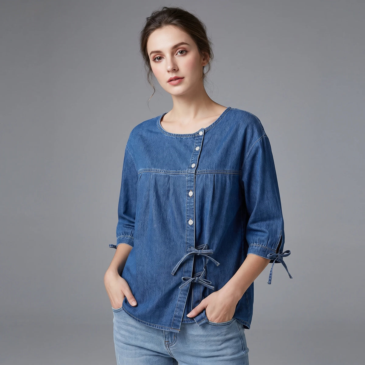 Denim Blouse Blue Button-Up Women's Loose Fit Half-Sleeve Shirt with Side Bow Ties – Casual, Office
