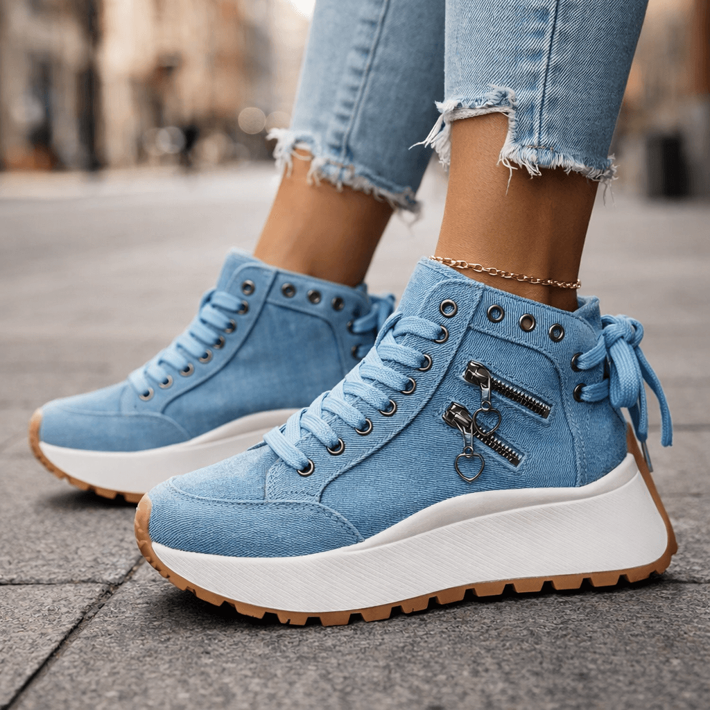 Denim High-Top Sneakers Women's Lace-Up Platform Shoes with Side Zipper – Casual, Everyday