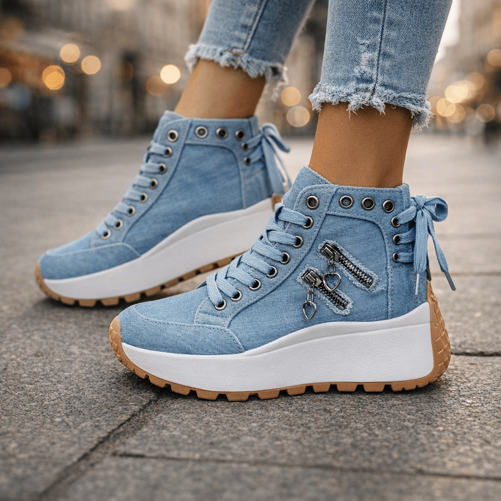 Denim High-Top Sneakers Women's Lace-Up Platform Shoes with Side Zipper – Casual, Everyday