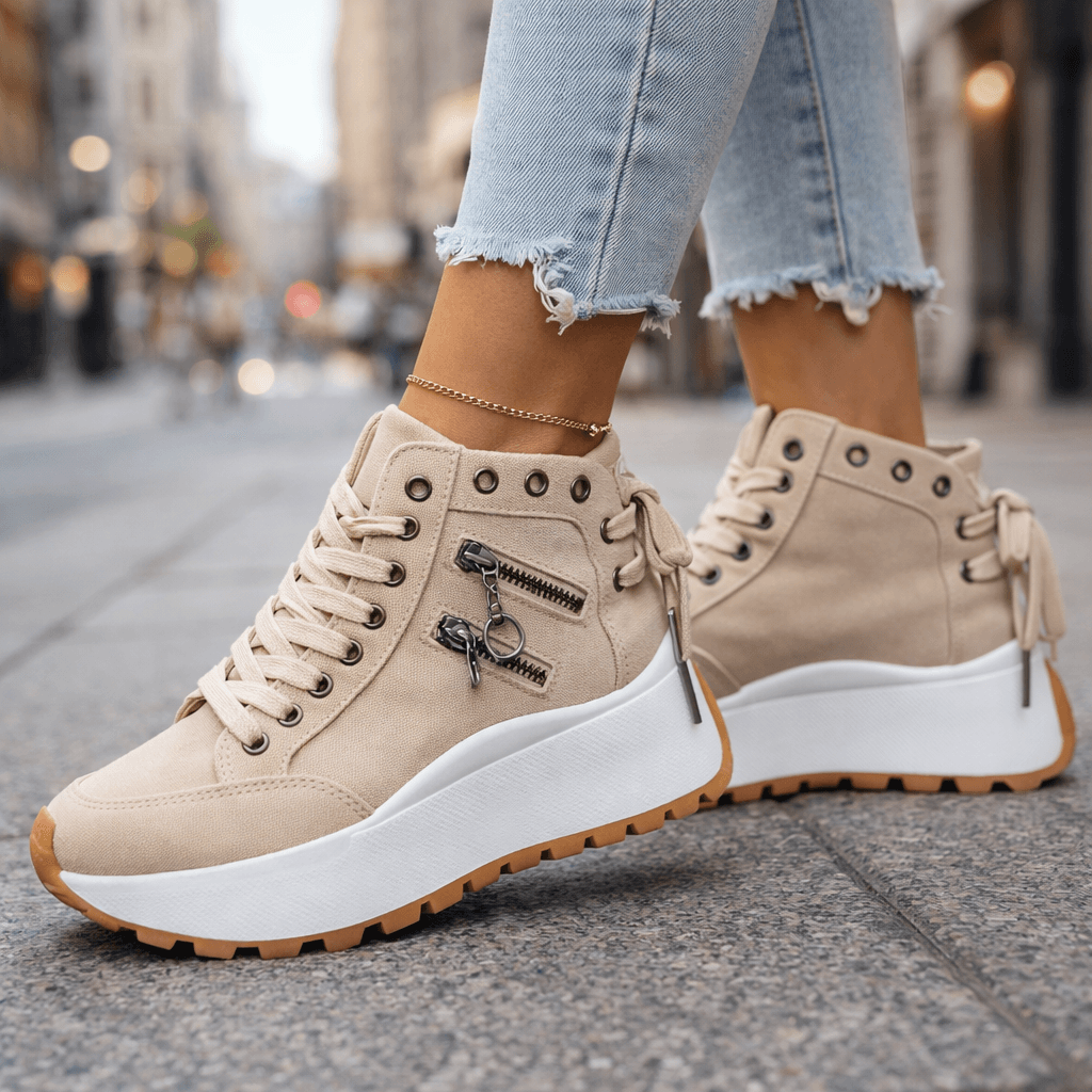 Denim High-Top Sneakers Women's Lace-Up Platform Shoes with Side Zipper – Casual, Everyday