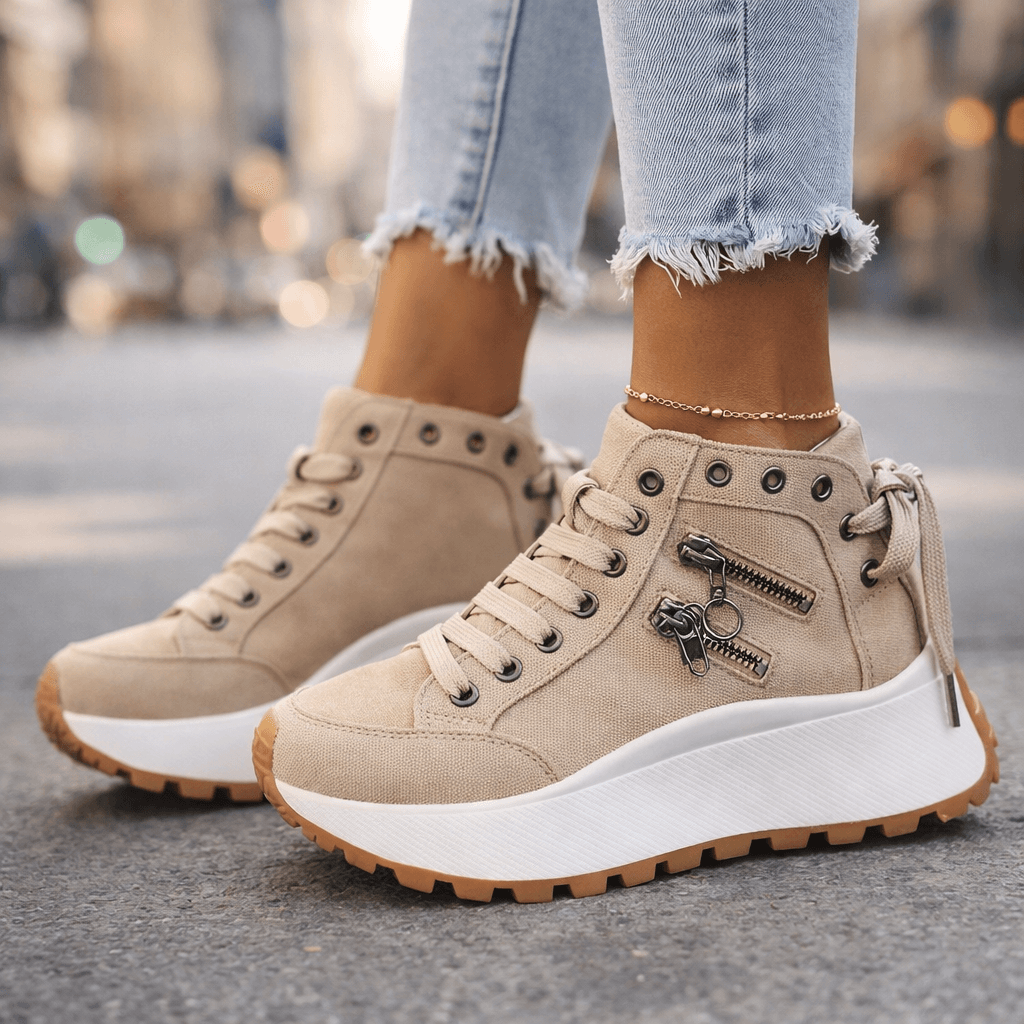 Denim High-Top Sneakers Women's Lace-Up Platform Shoes with Side Zipper – Casual, Everyday