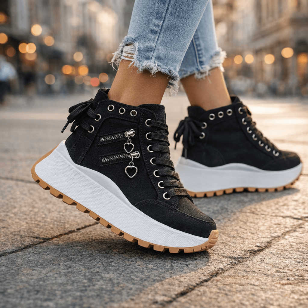 Denim High-Top Sneakers Women's Lace-Up Platform Shoes with Side Zipper – Casual, Everyday
