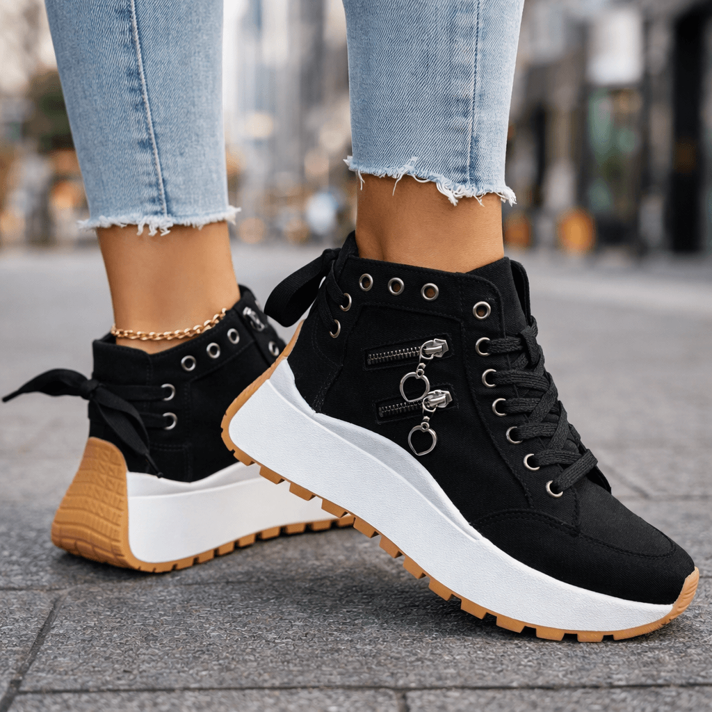 Denim High-Top Sneakers Women's Lace-Up Platform Shoes with Side Zipper – Casual, Everyday