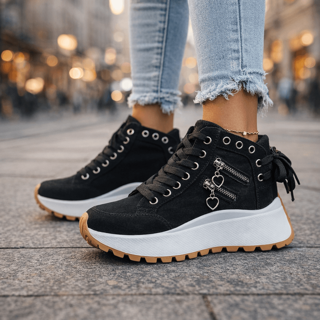 Denim High-Top Sneakers Women's Lace-Up Platform Shoes with Side Zipper – Casual, Everyday