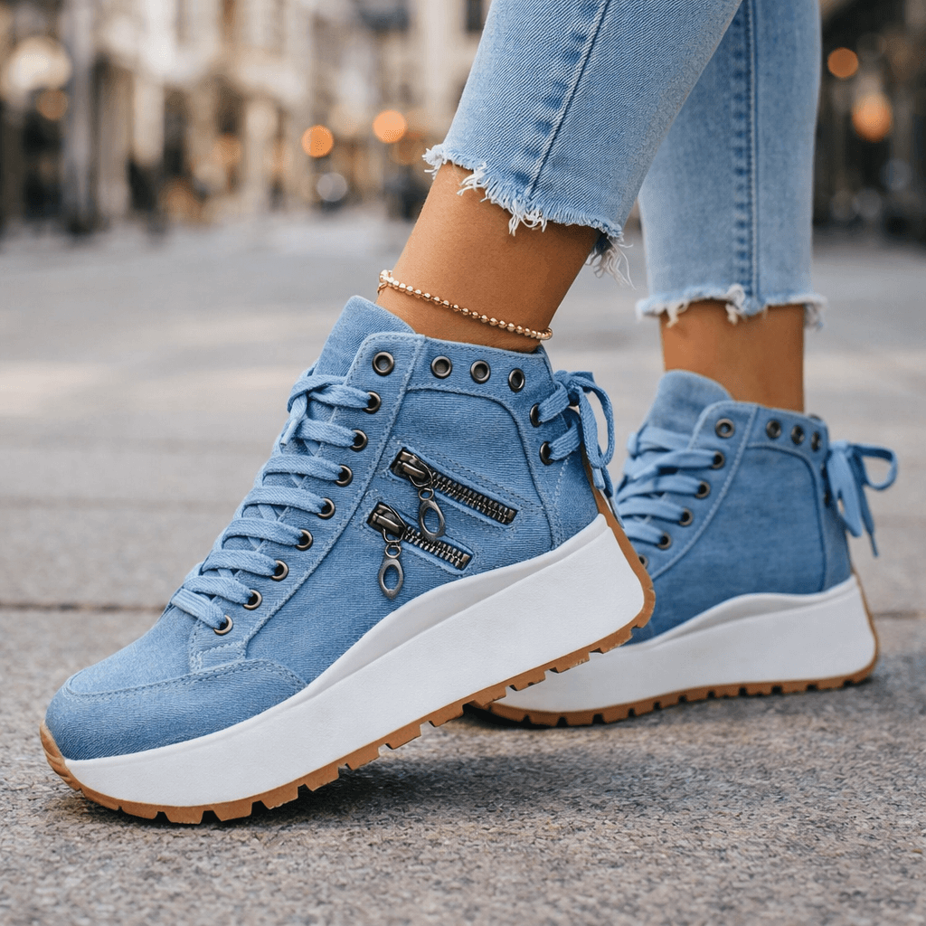 Denim High-Top Sneakers Women's Lace-Up Platform Shoes with Side Zipper – Casual, Everyday