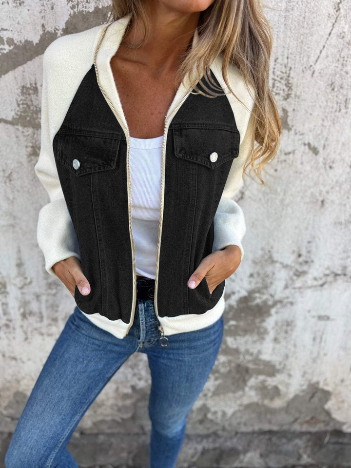 Denim Jacket Women's Contrast Knit Sleeve Zip-Up – Casual, Office, Holiday, Gift