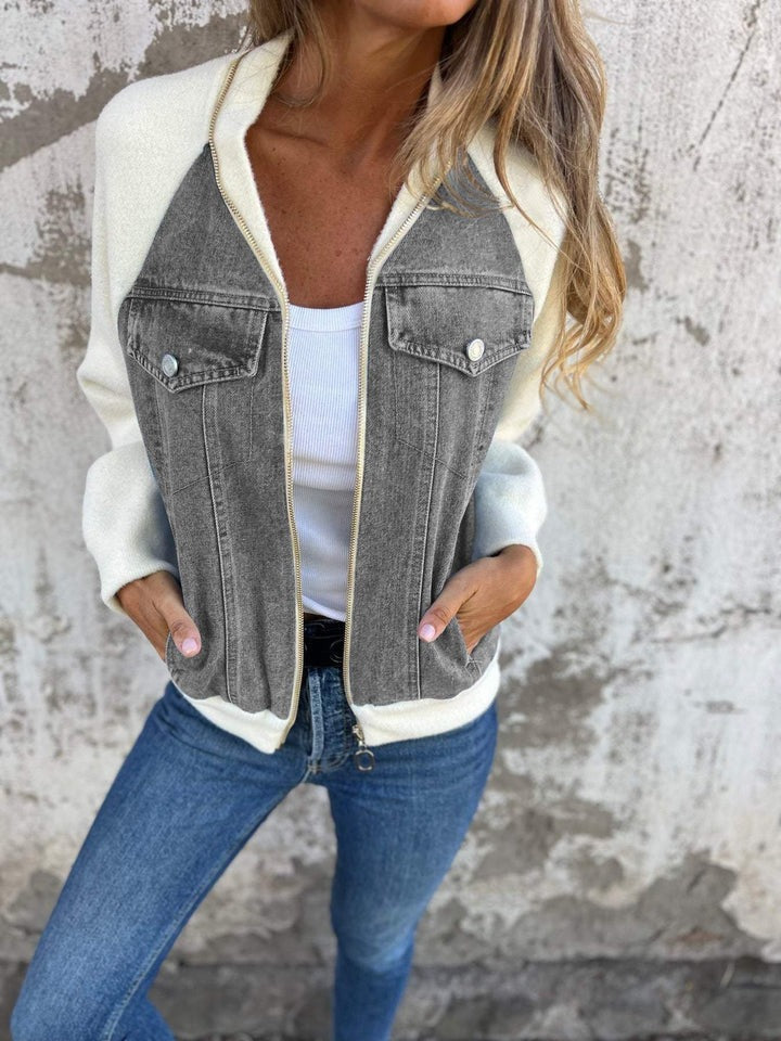 Denim Jacket Women's Contrast Knit Sleeve Zip-Up – Casual, Office, Holiday, Gift