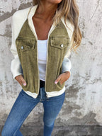 Denim Jacket Women's Contrast Knit Sleeve Zip-Up – Casual, Office, Holiday, Gift