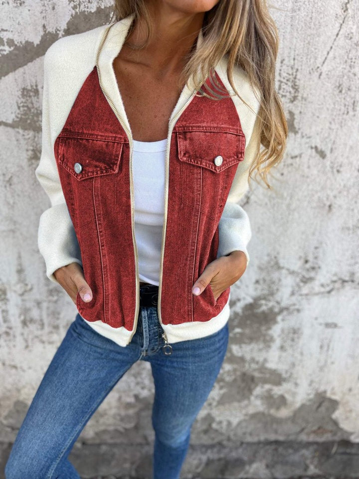Denim Jacket Women's Contrast Knit Sleeve Zip-Up – Casual, Office, Holiday, Gift