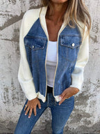 Denim Jacket Women's Contrast Knit Sleeve Zip-Up – Casual, Office, Holiday, Gift