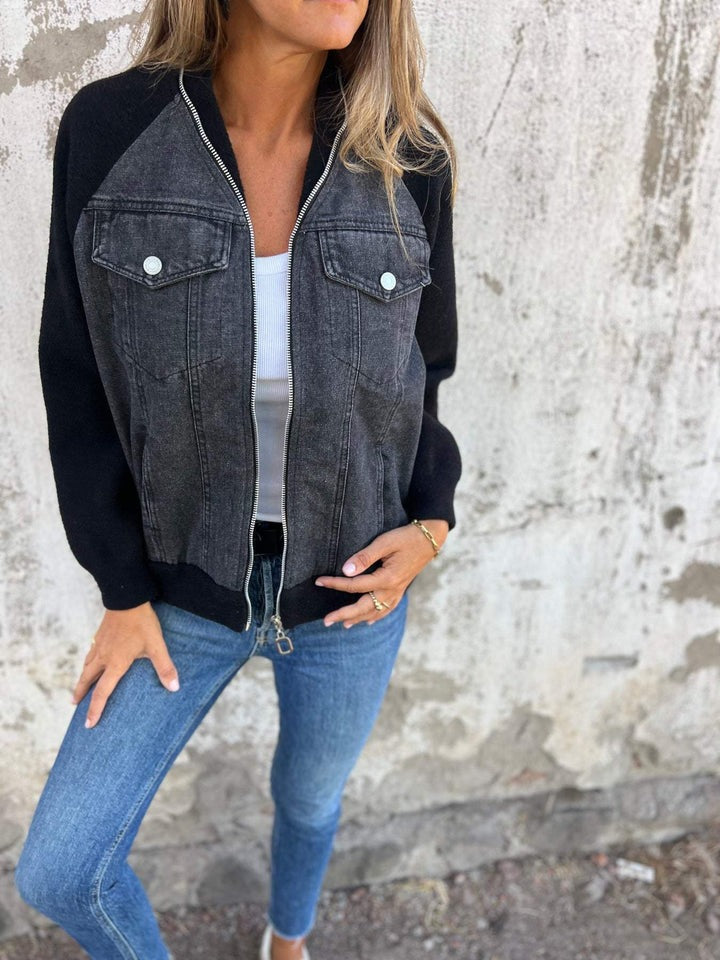 Denim Jacket Women's Contrast Knit Sleeve Zip-Up – Casual, Office, Holiday, Gift