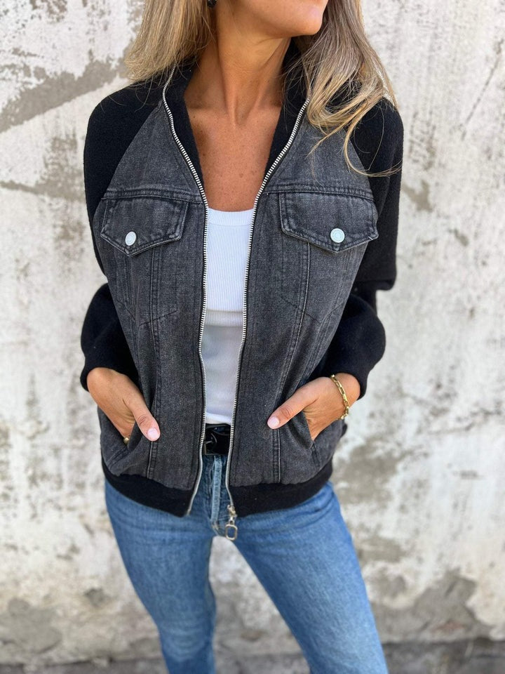 Denim Jacket Women's Contrast Knit Sleeve Zip-Up – Casual, Office, Holiday, Gift