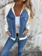 Denim Jacket Women's Contrast Knit Sleeve Zip-Up – Casual, Office, Holiday, Gift