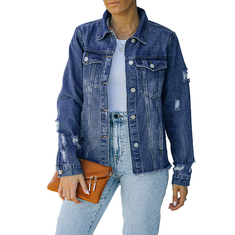 Denim Jacket Women's Distressed Frayed Hem Button-Up Green – Casual, Office, Holiday, Gift