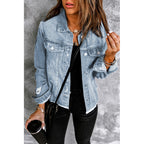 Denim Jacket Women's Distressed Frayed Hem Button-Up Green – Casual, Office, Holiday, Gift