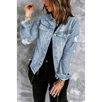 Denim Jacket Women's Distressed Frayed Hem Button-Up Green – Casual, Office, Holiday, Gift