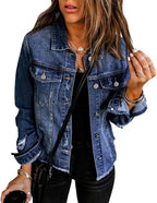 Denim Jacket Women's Distressed Frayed Hem Button-Up Green – Casual, Office, Holiday, Gift