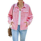 Denim Jacket Women's Distressed Frayed Hem Button-Up Green – Casual, Office, Holiday, Gift