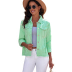 Denim Jacket Women's Distressed Frayed Hem Button-Up Green – Casual, Office, Holiday, Gift