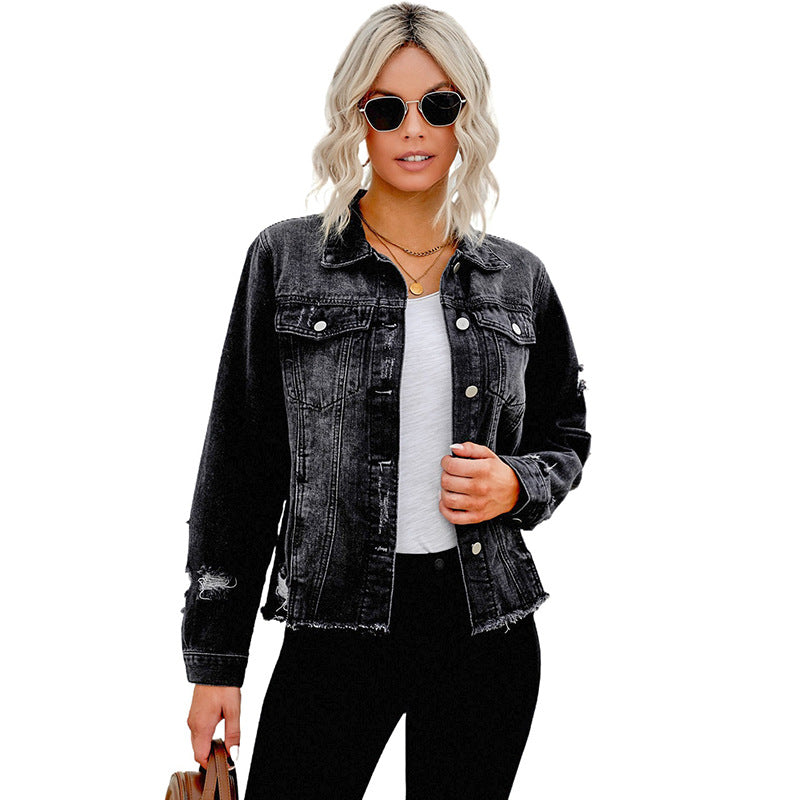 Denim Jacket Women's Distressed Frayed Hem Button-Up Green – Casual, Office, Holiday, Gift